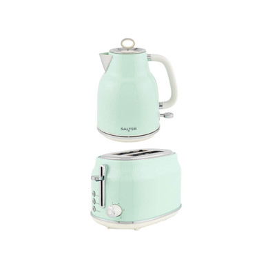 Mint green kettle and toaster set, modern style, shown on white background