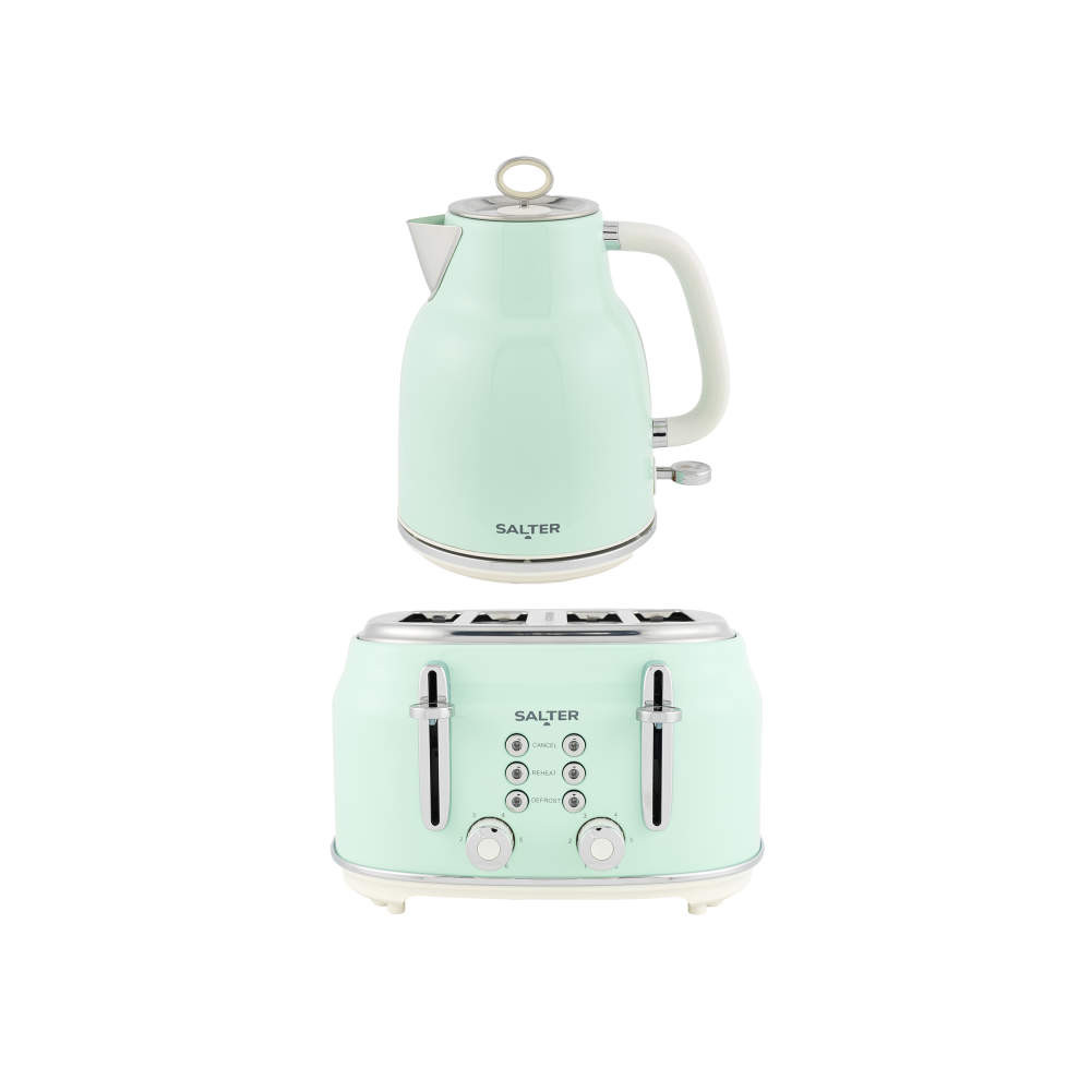 Pale green electric kettle and four-slice toaster set with chrome accents, shown front view.