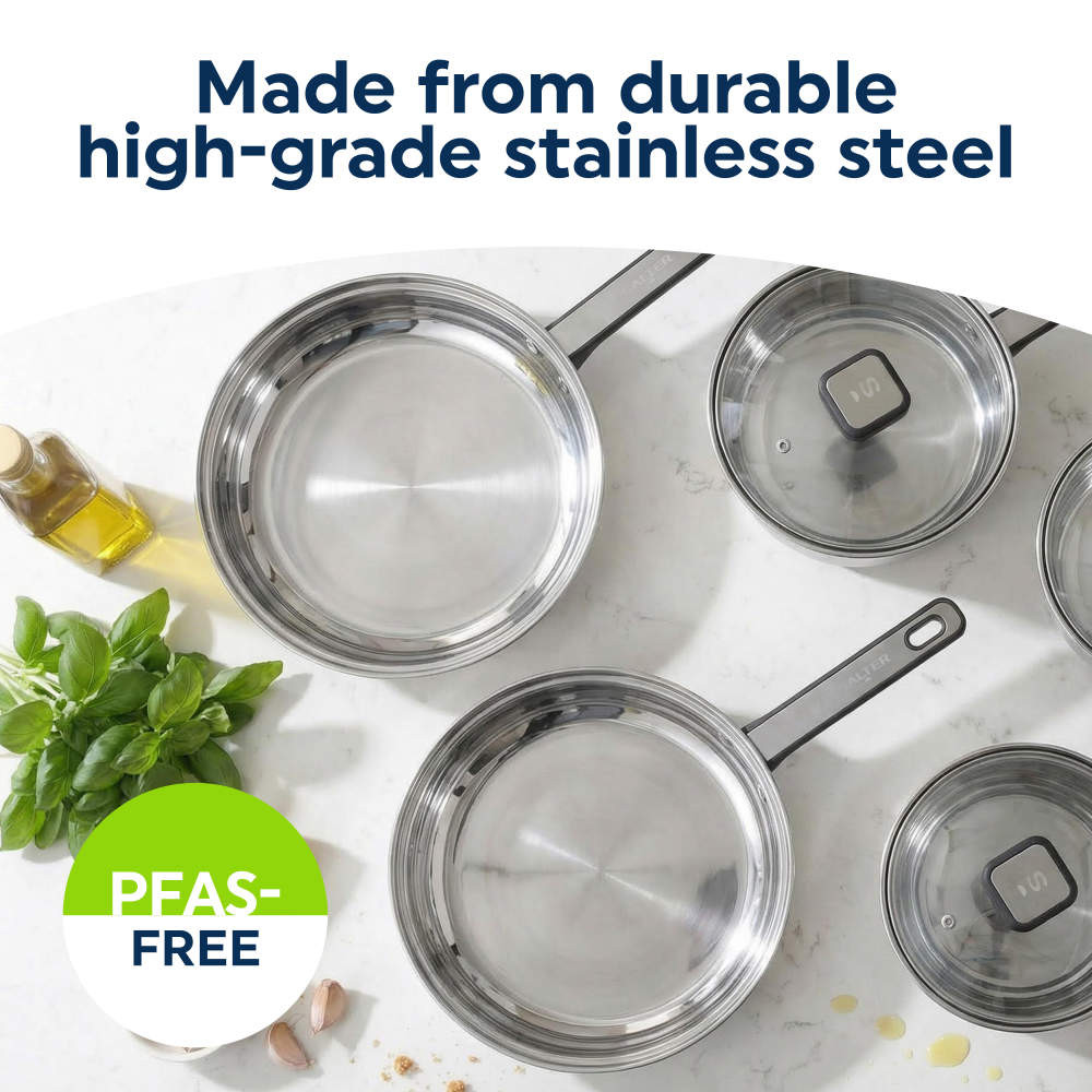 Stainless steel frying pans set with lids, PFAS-free, shown on a kitchen worktop.