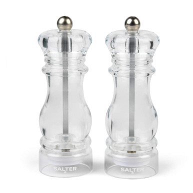 Set of two clear acrylic salt and pepper mills with silver knobs