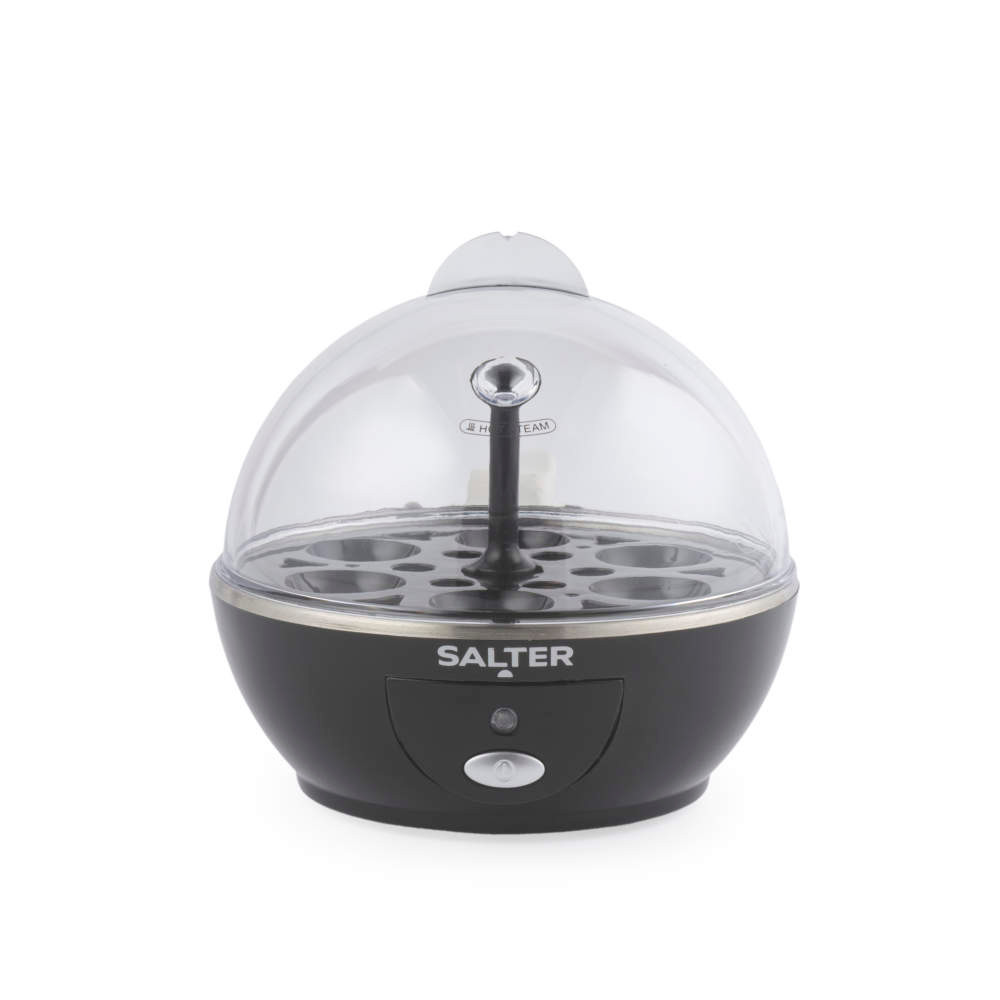 Black Salter electric egg cooker with transparent lid, shown from the front.