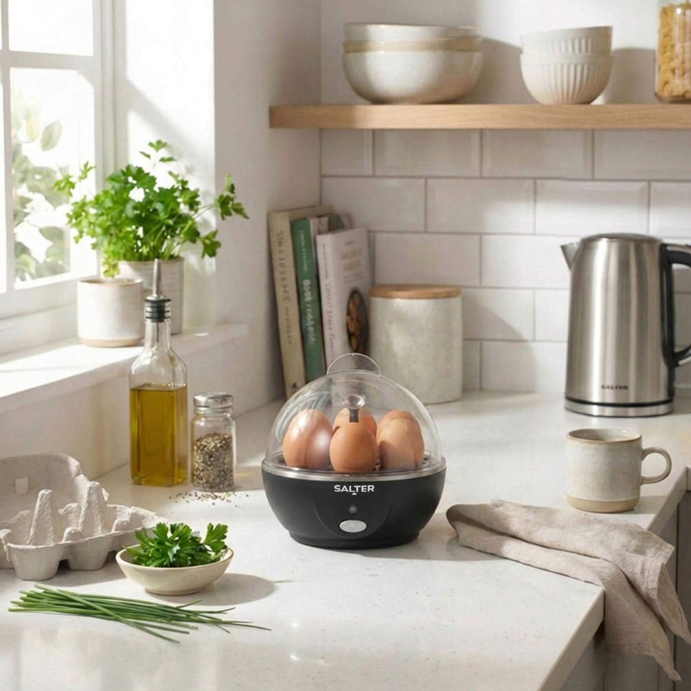 Electric egg boiler with six brown eggs on kitchen counter beside kettle and herbs