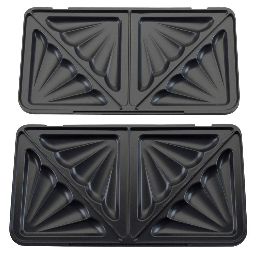 Set of two black non-stick sandwich toaster plates with four triangular sections each.