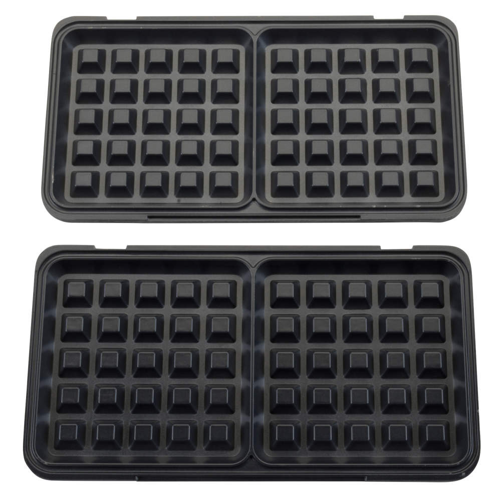 Black non-stick waffle maker plates, double set shown for appliance replacement.