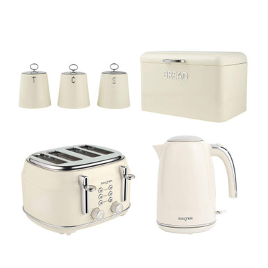 Cream kitchen set with Salter toaster, kettle, bread bin, and tea, coffee, sugar canisters