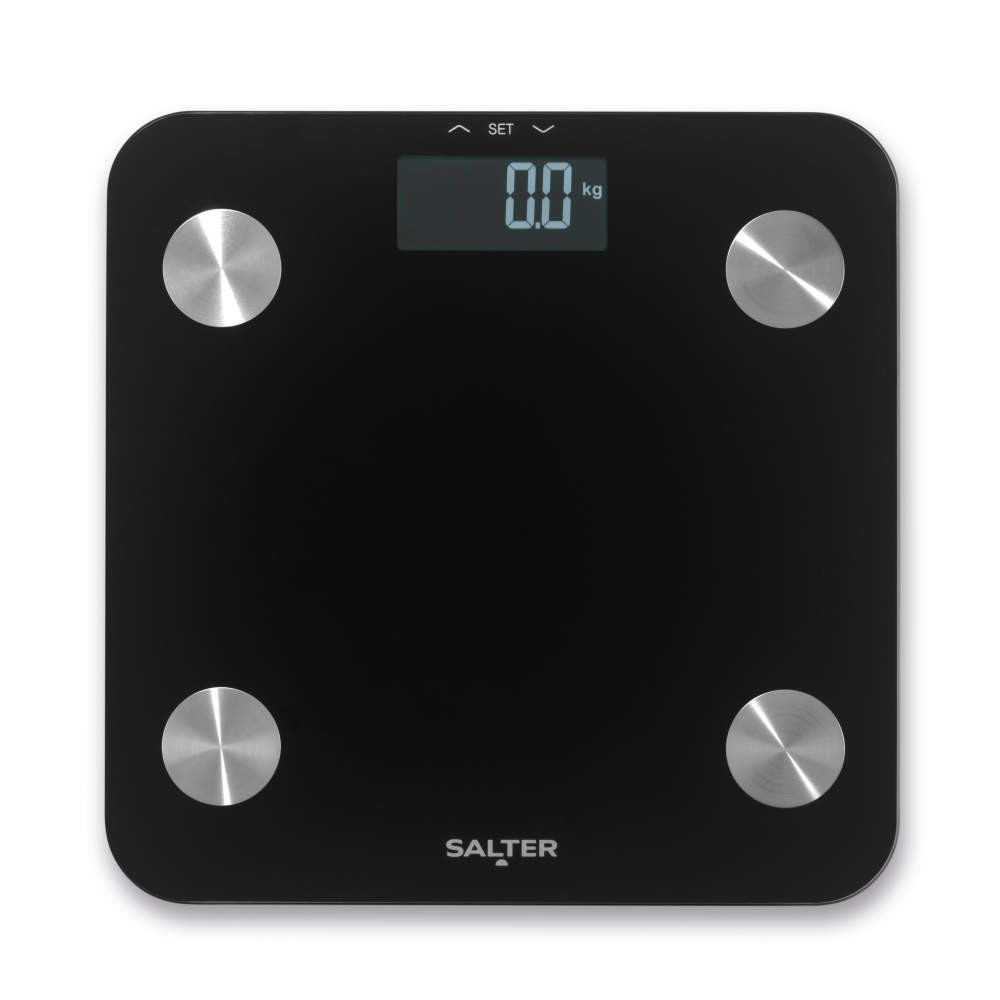Black digital bathroom scale with silver sensors, LCD display showing 0.0 kg
