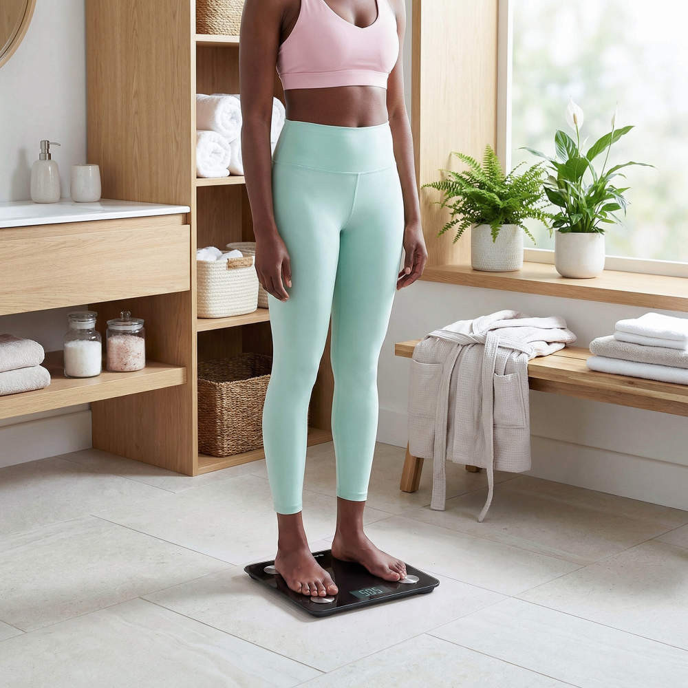 Person standing on bathroom smart scale, fitness attire, in modern bathroom setting