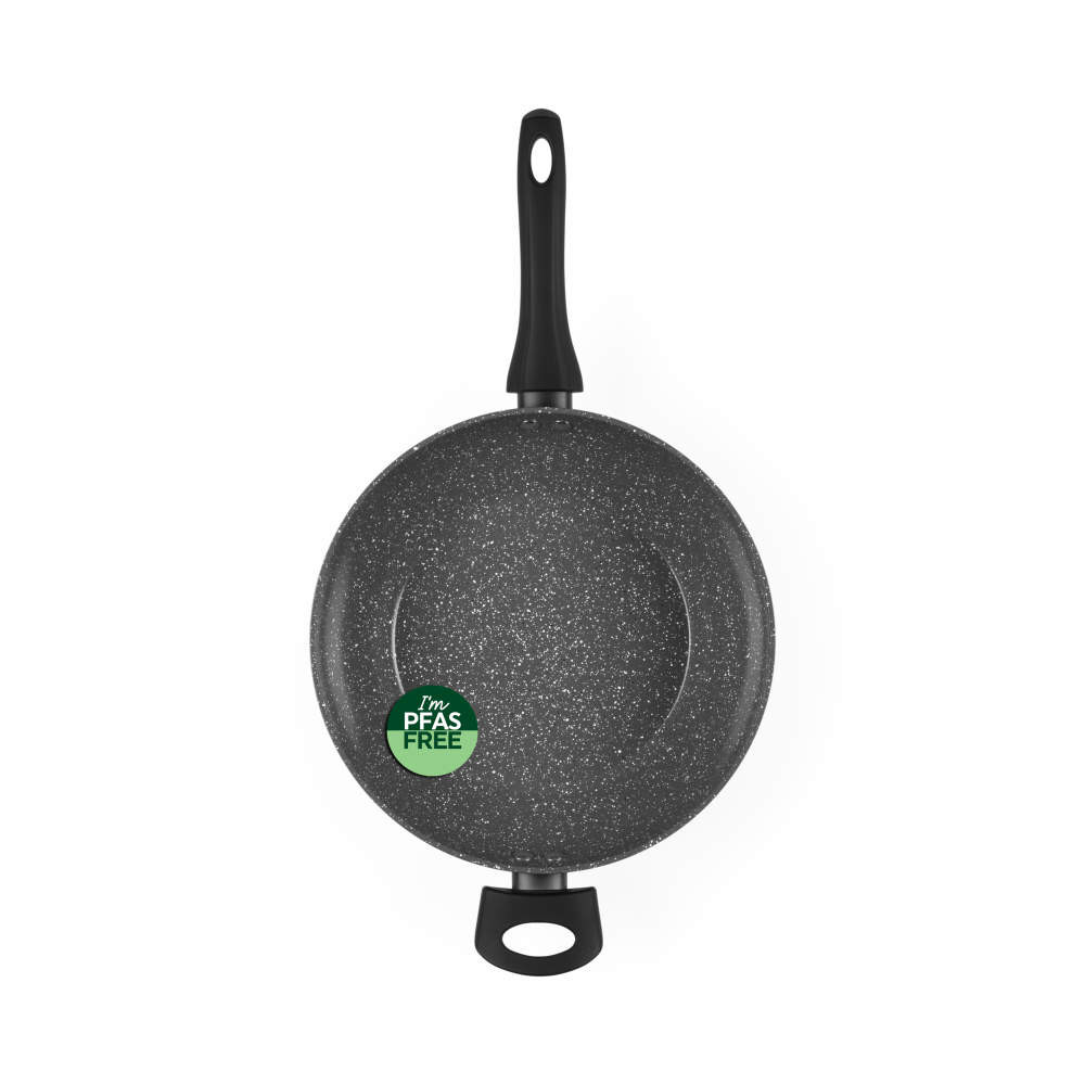 Grey non-stick frying pan, speckled finish, PFAS free label, overhead view