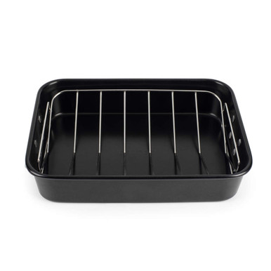 Black non-stick roasting tin with silver metal rack, shown empty, for oven cooking.