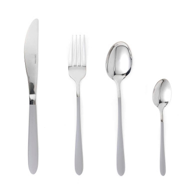 Four-piece silver cutlery set with knife, fork, tablespoon and teaspoon, shown on white background