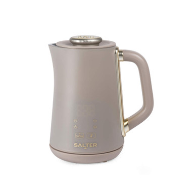 Brown electric kettle with handle and gold accents, product listing image