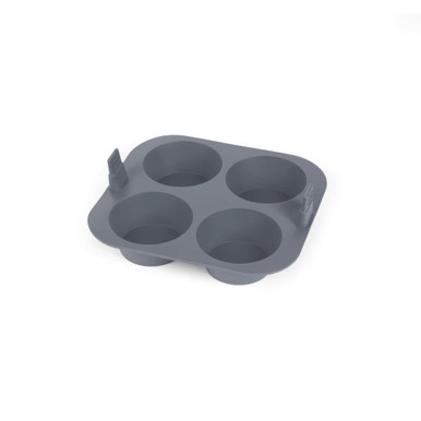Grey silicone four-cup muffin tray, shown angled, baking accessory