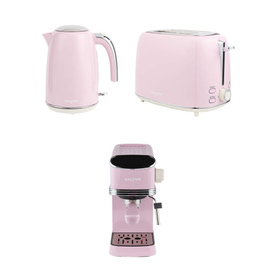 Set of three pink Salter kitchen appliances: kettle, toaster and coffee machine