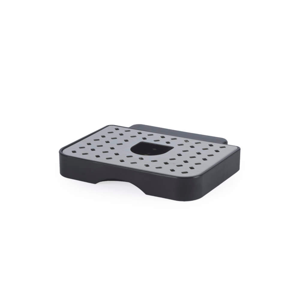 Grey plastic and metal drip tray with perforated top, shown on white background