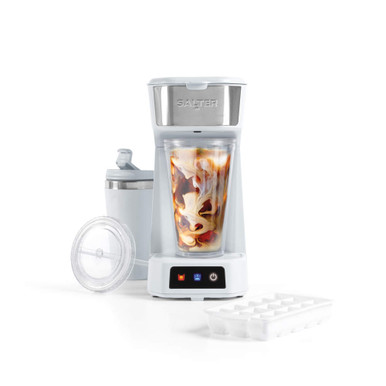 White coffee maker with iced coffee in tumbler, spare lid and ice tray included