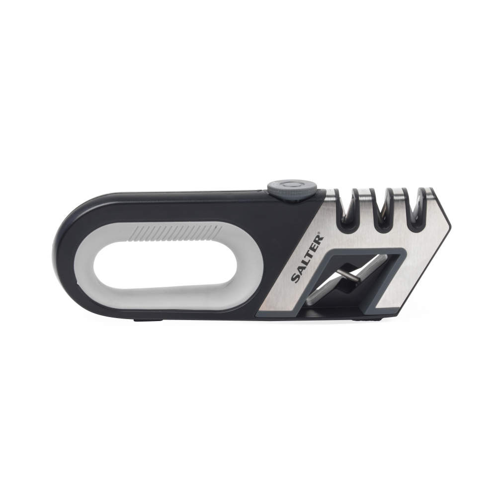 Salter manual knife sharpener, black and silver, shown from side