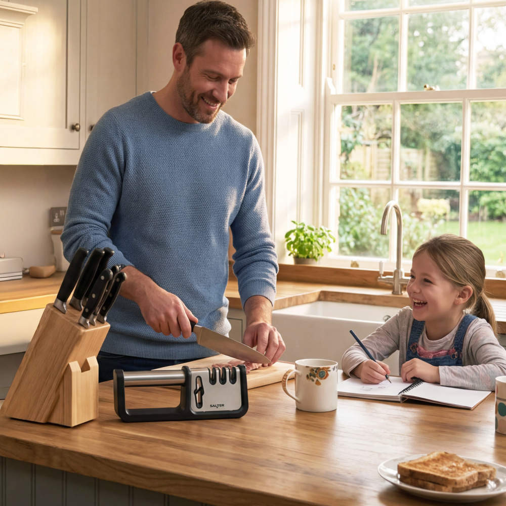 Kitchen knife sharpener and knife block on wooden counter, family preparing food