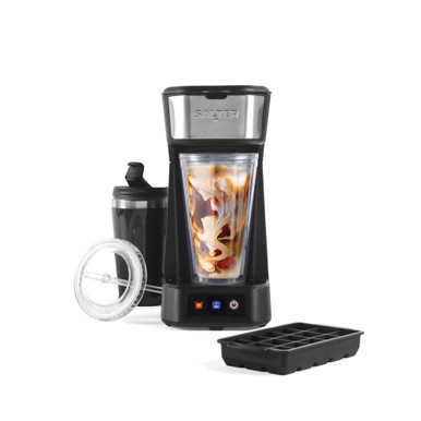 Black coffee maker with tumbler, lid, drinks bottle and ice tray shown, front view.