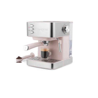 Pink espresso coffee machine with portafilter and glass cup of coffee