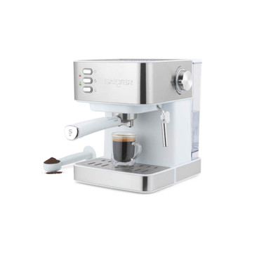 Silver and white espresso coffee machine with steam wand and glass cup of coffee