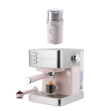 Pink espresso machine with grinder attachment and glass cup