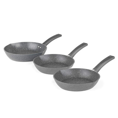 Set of 3 grey speckled frying pans with black handles
