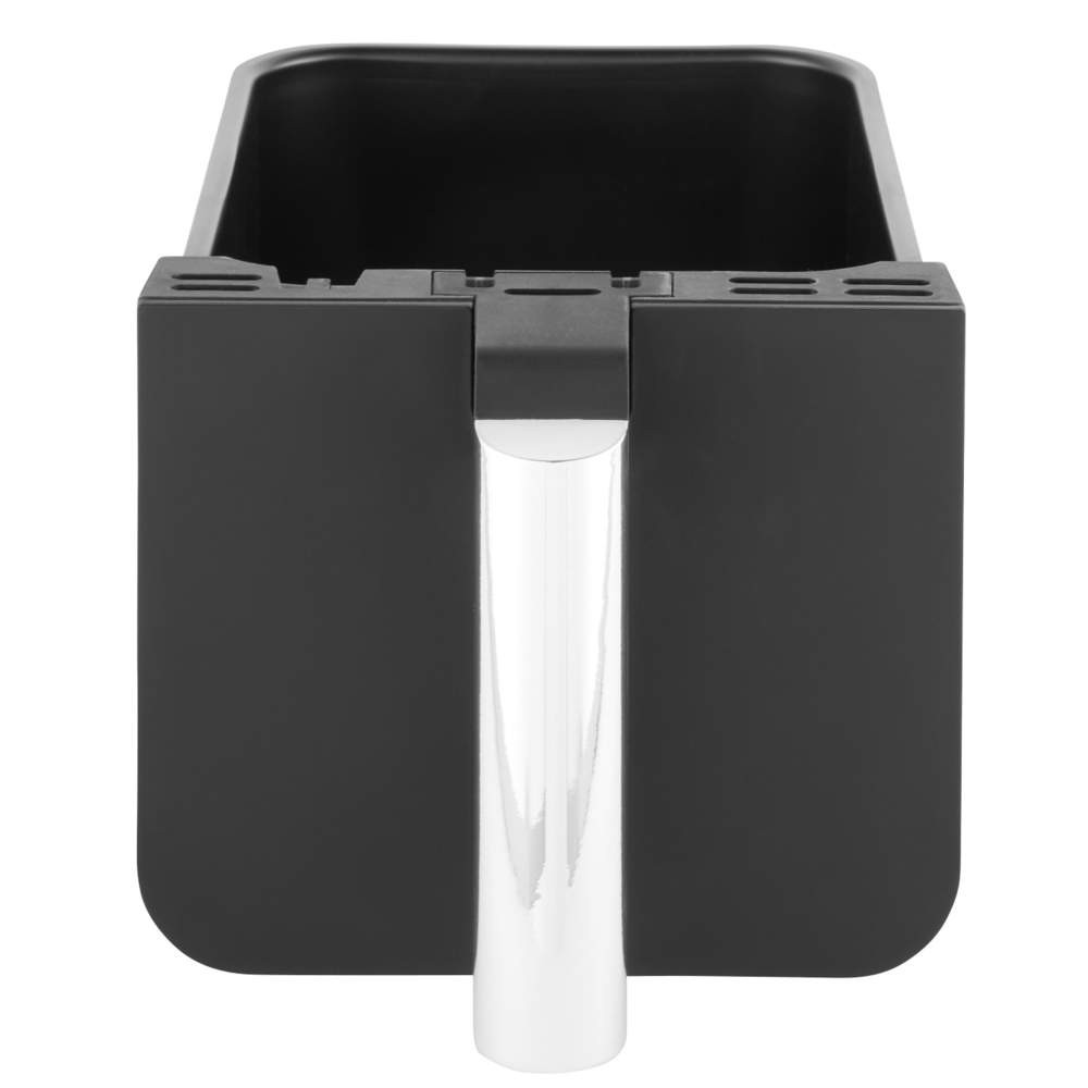 Black air fryer basket with silver handle, front view