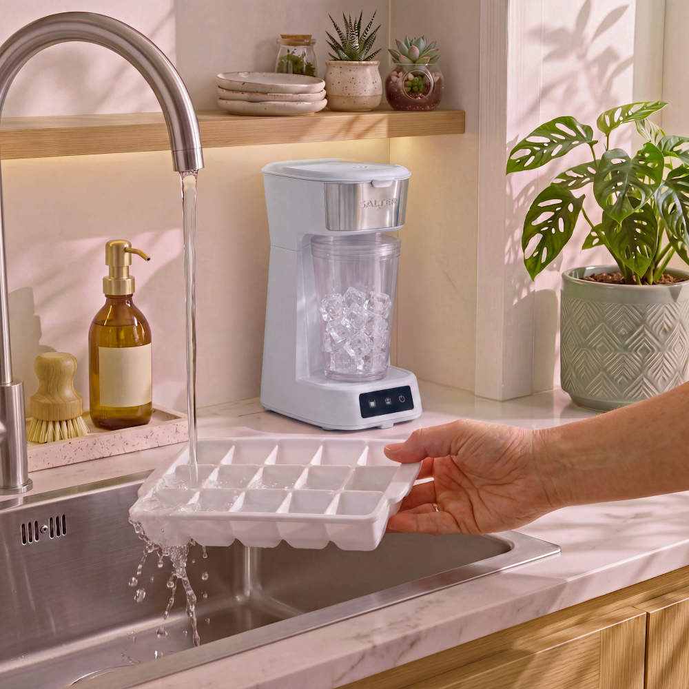 Countertop ice maker with ice basket beside a kitchen sink