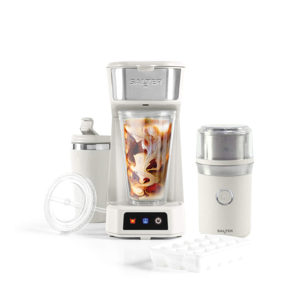 White Salter smoothie blender set with travel cup, grinder and ice cube tray