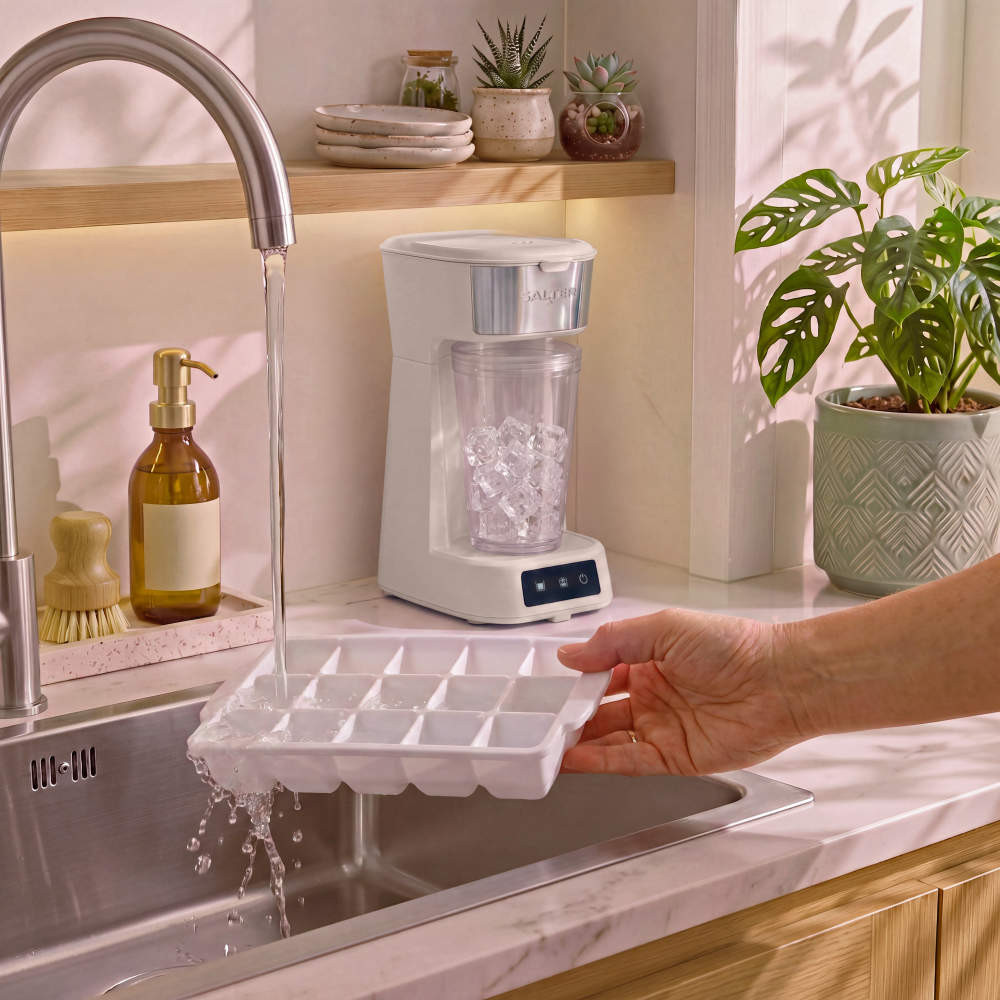 White countertop ice maker beside sink with hand holding ice cube tray