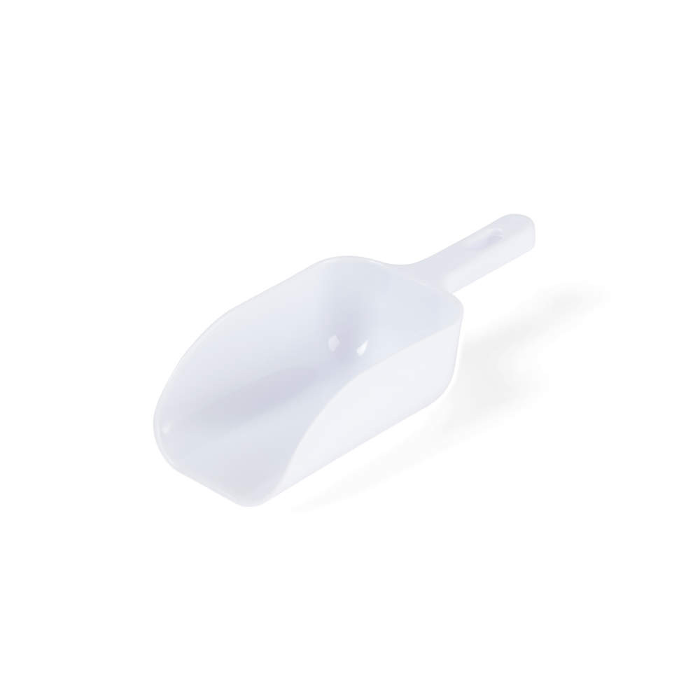 White plastic scoop with handle, shown on white background