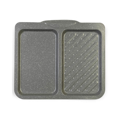 Grey double oven tray with flat and ridged sections, suitable for roasting and grilling
