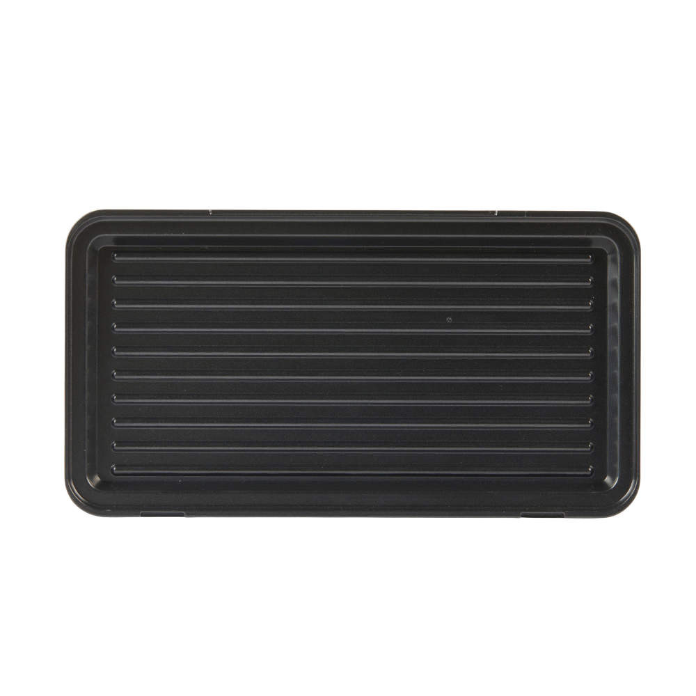 Black rectangular grill tray, top view