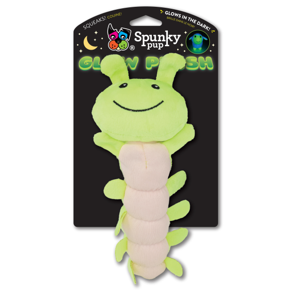 Spunky Pup Glow-in-the-Dark Plush Caterpillar Dog Toy – Squeaky, Soft, For Medium/Large Dogs