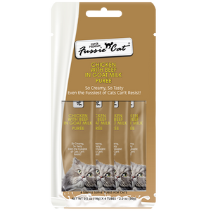 Fussie Cat Treats Super Premium Chicken w/Beef in Goat Milk Puree 2oz Fussie Cat Treats Super Premium Chicken w/Beef in Goat Milk Puree 2oz