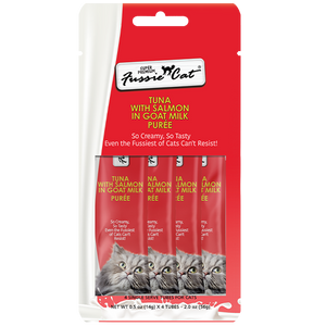 Fussie Cat Treats Super Premium Tuna w/Salmon in Goat Milk Puree 2oz Fussie Cat Treats Super Premium Tuna w/Salmon in Goat Milk Puree 2oz