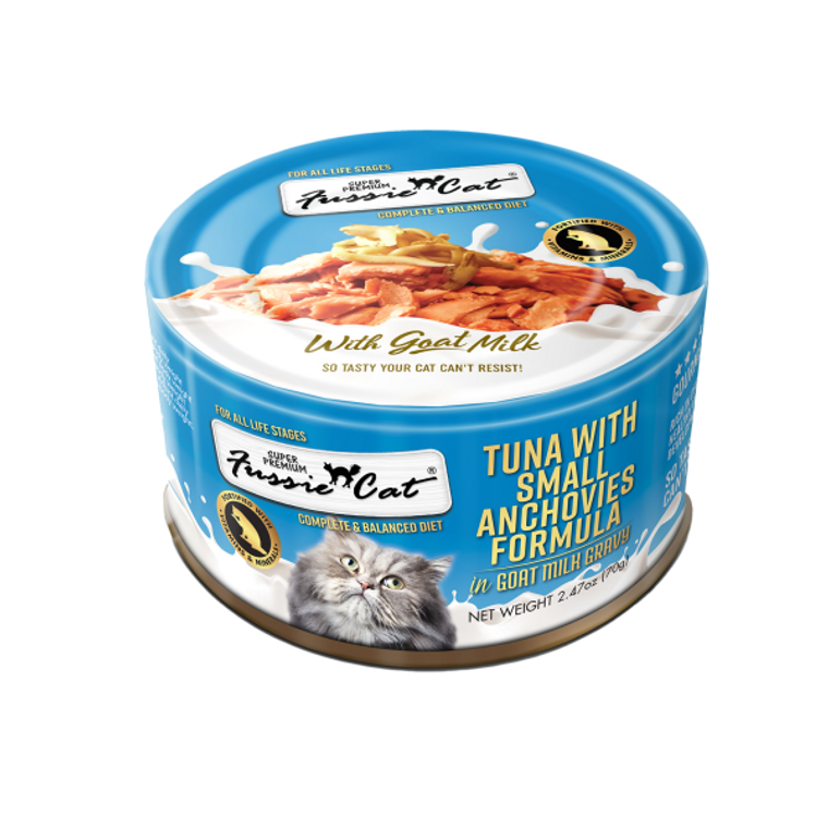 Fussie Cat Premium Tuna w/Sm Anchovies in Goats Milk 2.4oz