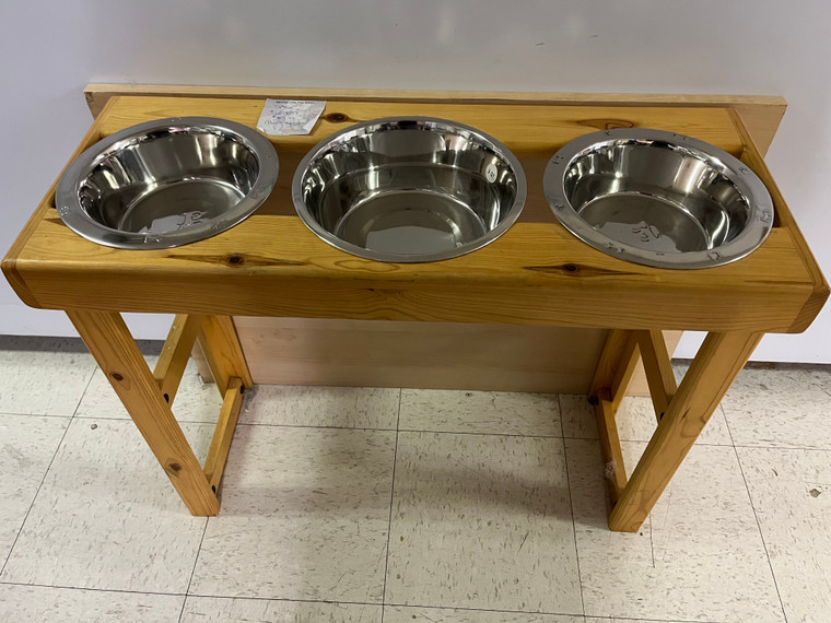 Wood Three Dish Dog Bowl Stand