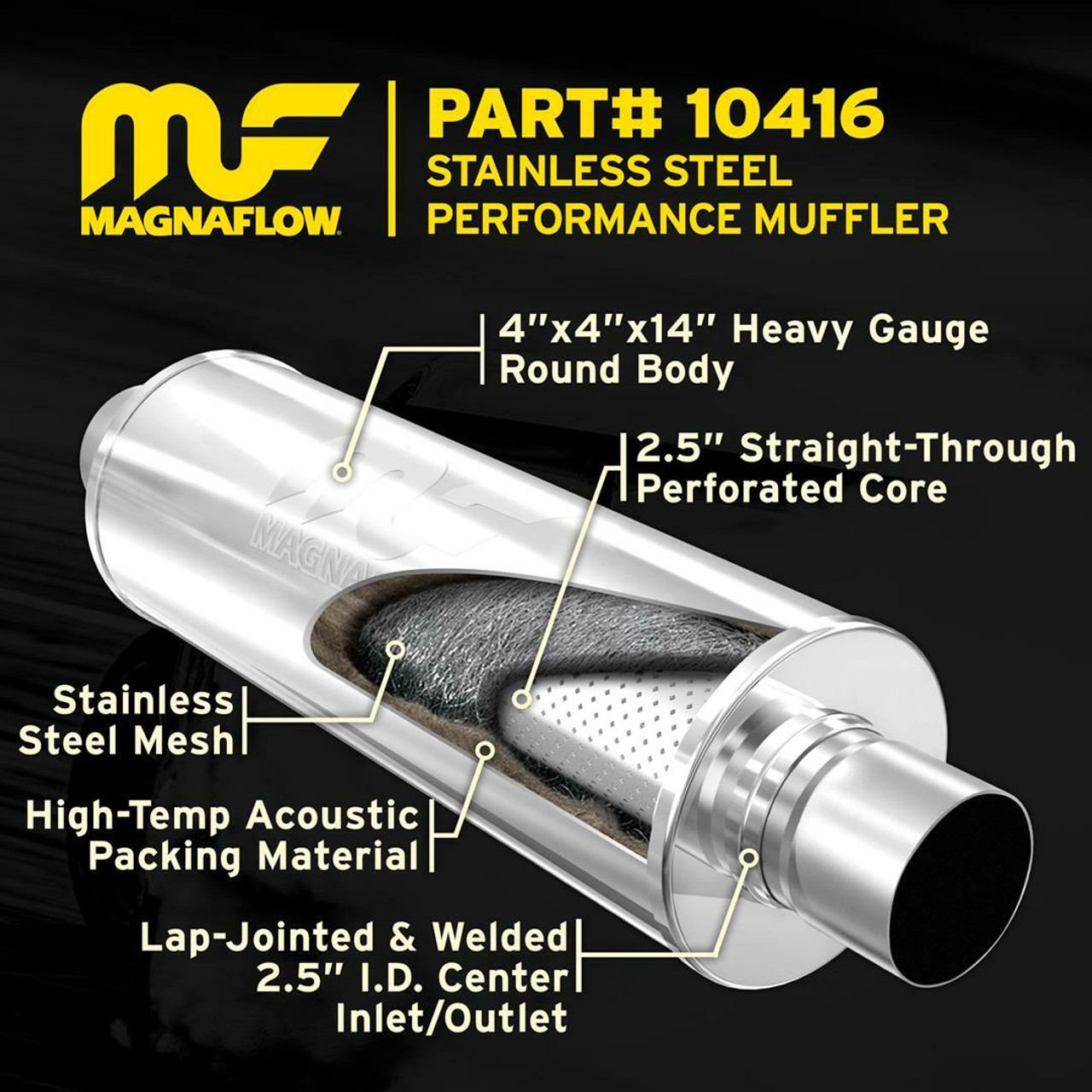 Magnaflow Stainless Steel Muffler 4" Round 2.5" Center Inlet Outlet 10416