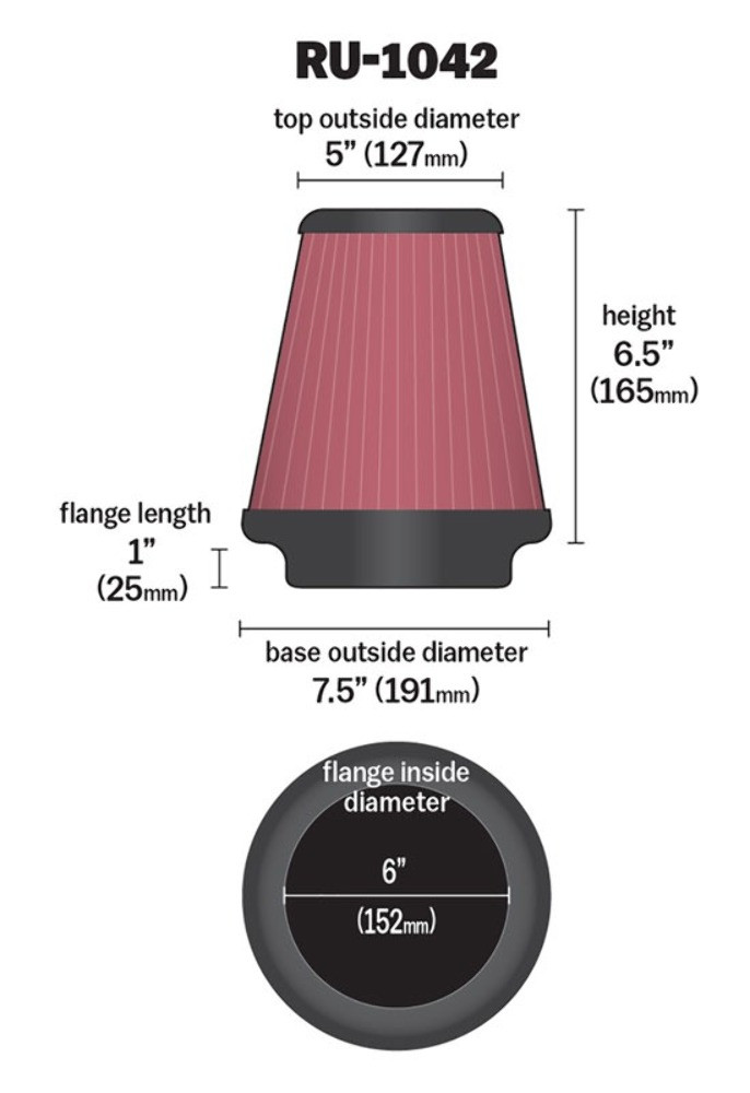 K&N RU-1042 Replacement  Clamp-On Air Filter 6" FLG   7-1/2" B   5" T   6-1/2" H