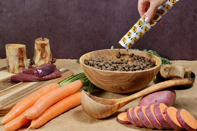 Daily gravy food topper made with all natural ingredients: liver, 40% bone broth, sweet potato, and carrot. Daily gravy food topper made with all natural ingredients: liver, 40% bone broth, sweet potato, and carrot.