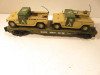 GREEN ARMY FLAT CAR W/TWO MILITARY JEEP VEHICLES - EXC - 0/027 SCALE- M70
