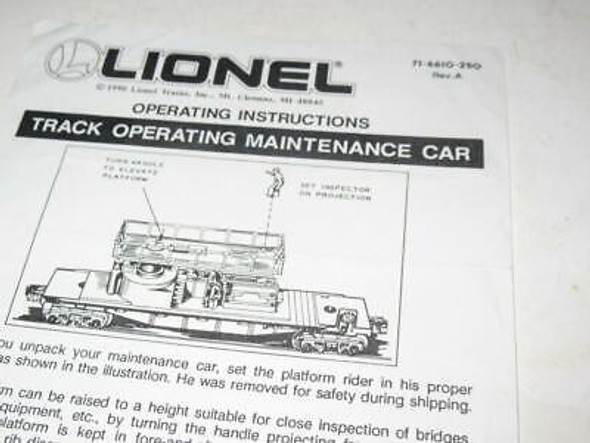 LIONEL INSTRUCTION SHEET- 6610 TRACK MAINTENANCE CAR- GOOD - H26