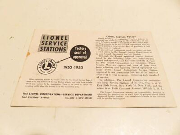 LIONEL POST-WAR TRAINS SERVICE STATION LISTINGS 1952-53 - GOOD- H12A