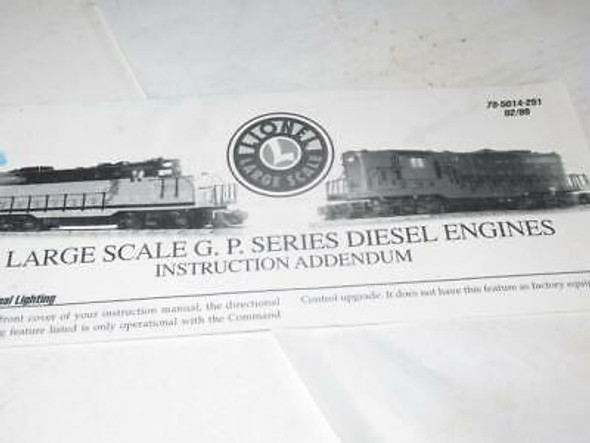 LIONEL -  G SCALE GP SERIES DIESEL ADDENDUM SHEET -  GOOD - SR57