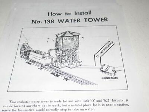 LIONEL POST-WAR - #138 WATER TOWER INSTRUCTIONS - REPRINT - EXC. - M44