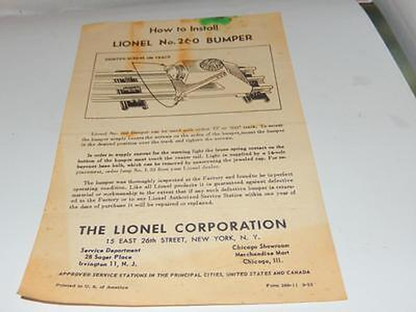 LIONEL POST-WAR INSTRUCTION SHEET - #260 BUMPER - FAIR- H12