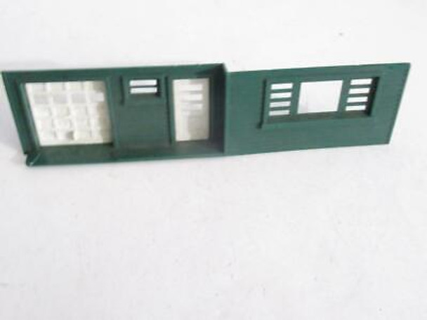 VINTAGE PLASTICVILLE -  GREEN HOUSE FRONT W/GARAGE DOOR- 8 3/4 X 2"- GOOD- M20