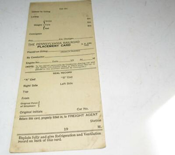 PENNSYLVANIA RR ORIGINAL PLACEMENT CARD- TO SHOW LOCATION OF FREIGHT CAR  - M45