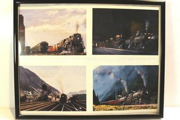 VINTAGE RAILROAD POSTERS/PRINTS -4 STEAM LOCOS COLLAGE- MIXED - FRAMED 11" X 14"